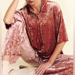 DAVI & DANI Crushed Velvet Easy Loungewear Set Shirt & Elastic Waistband Pants